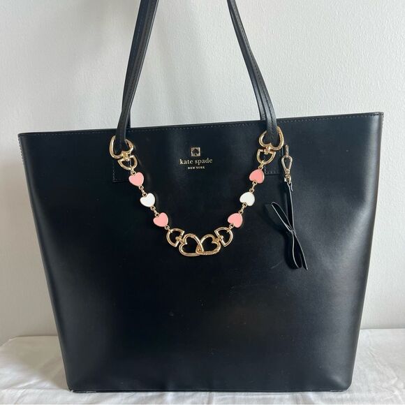KATE SPADE Black Laptop Work Tote Heart Chain Perfect Cavern Poppy Staci Bag - Picture 5 of 12
